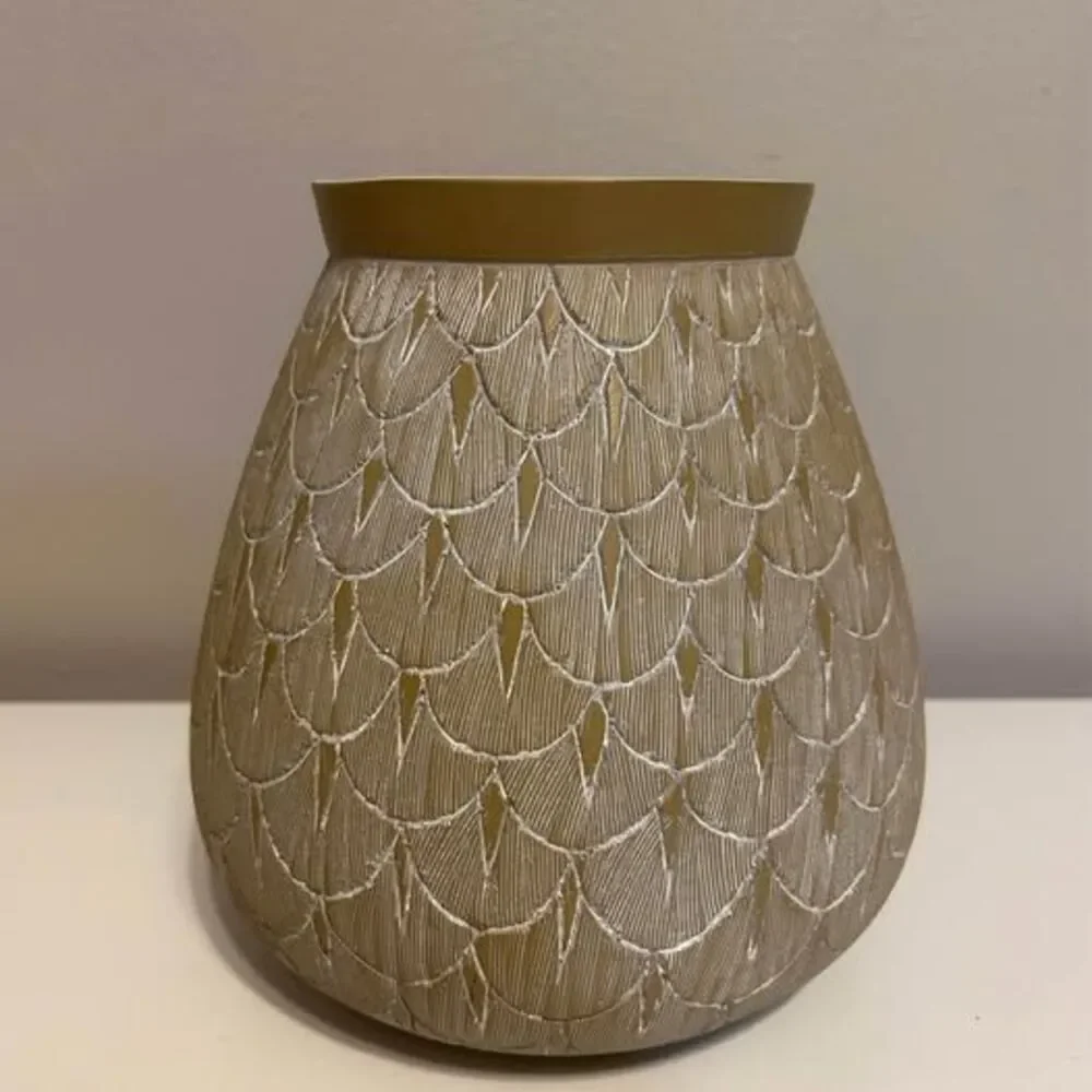 Beige White Textured Scallop Ceramic Vase Boho Coastal Modern Decor 8 1/2 in